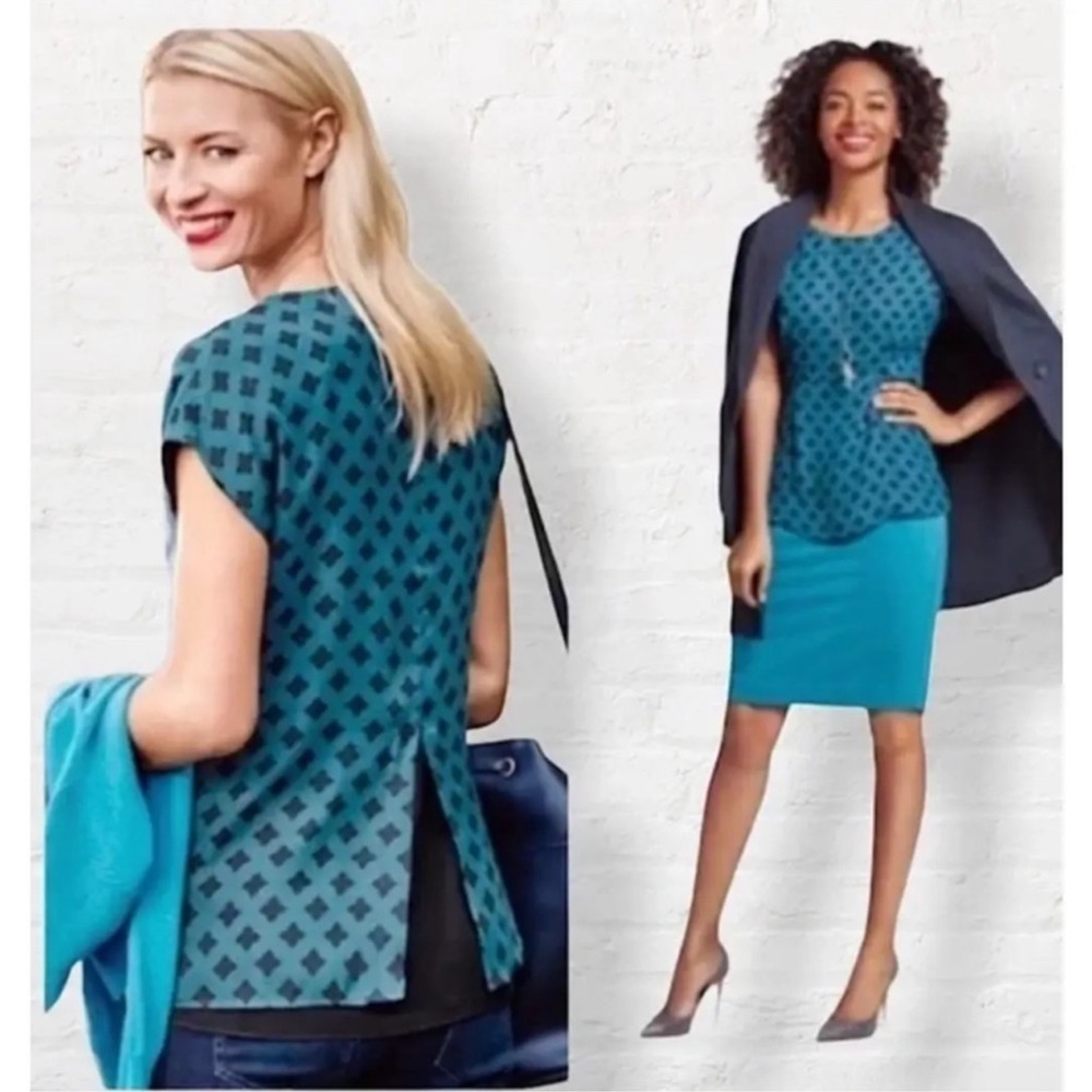 *CAbi #3274 Foulard Blouse Top Womens Med Teal Black Printed Career